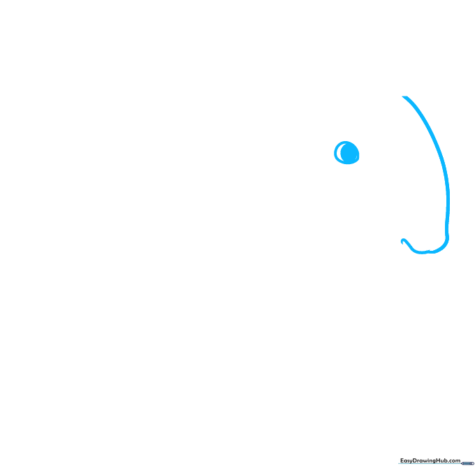 Pencil sketch showing the initial curved line for a tapir snout and a single eye with a dark pupil.