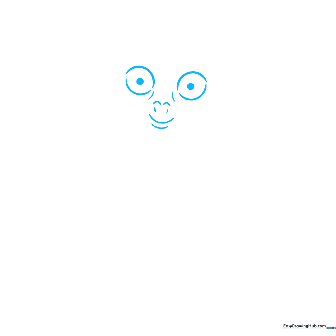 Close-up pencil sketch of large tarsier eyes and a small nose on white paper.