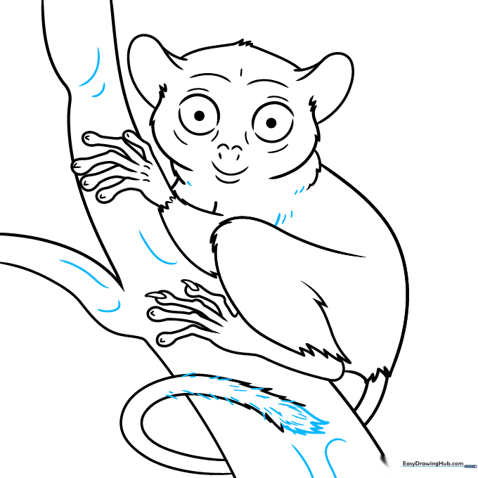 Adding final texture lines to the tarsier's fur and the tree bark.