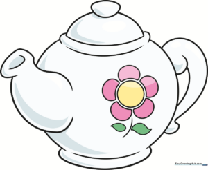 A colorful, finished drawing of a teapot with a floral pattern.