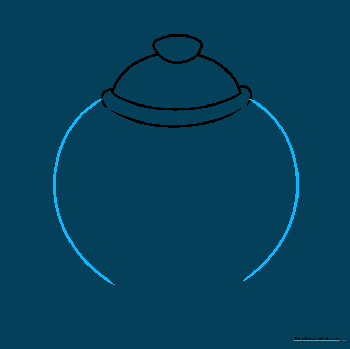 Drawing the main circular body of the teapot extending from the lid.