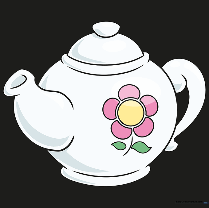 A fully colored, cartoon-style teapot with a flower design.