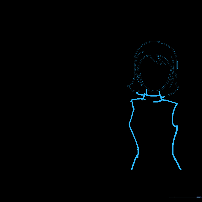 Drawing the neck and shoulder lines connecting to the teacher's head.