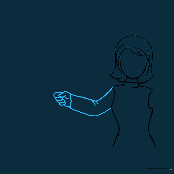 Detailed sketch of a teacher's arm with fabric folds and a hand.
