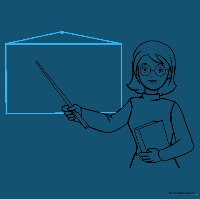 Drawing a large rectangular chalkboard behind the teacher figure.