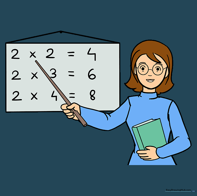 A fully colored and finished drawing of a teacher in a classroom.
