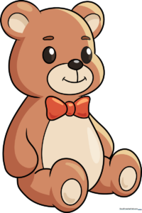 A friendly, finished teddy bear drawing with a bow tie, showcasing the final result of the tutorial.