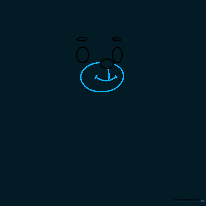 Drawing the muzzle area around the nose and adding a curved line for a happy smile on the teddy bear.