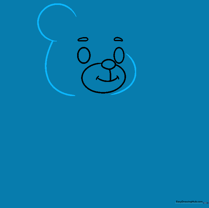 Outlining the cheeks and adding a C-shaped ear to the side of the teddy bear's head.