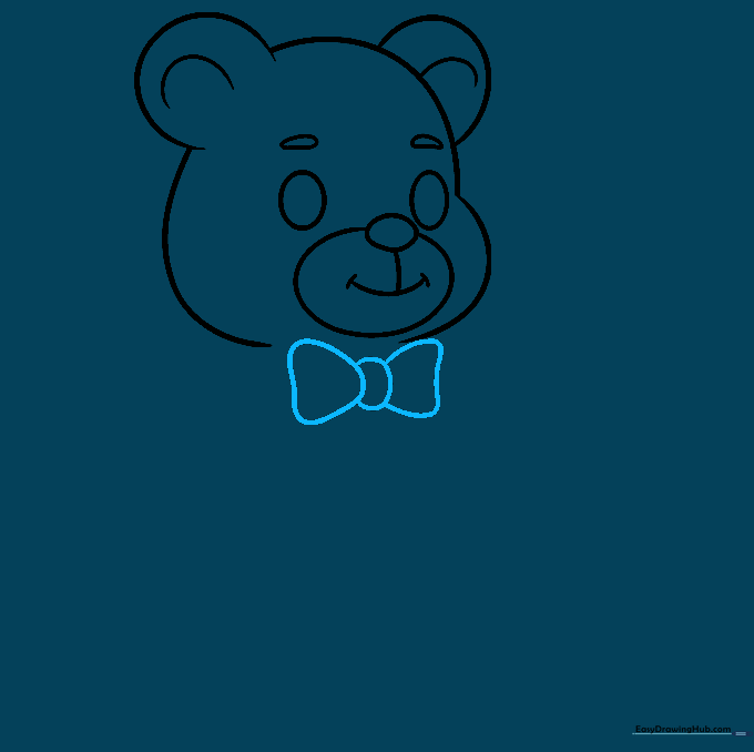 Adding a decorative bow tie beneath the teddy bear's chin using simple geometric shapes.