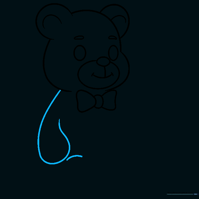 Sketching the teddy bear's arm with a rounded paw and starting the leg outline.