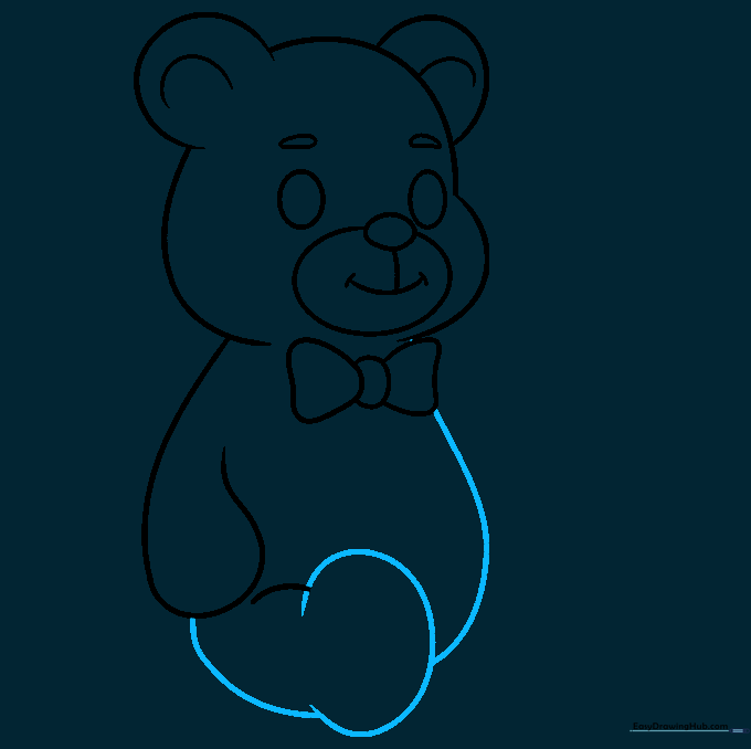 Drawing the first leg and foot of the teddy bear, connecting it to the torso.