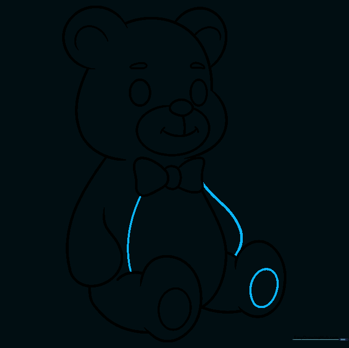 Finalizing the teddy bear sketch with belly details, the second arm, and remaining paw pads.