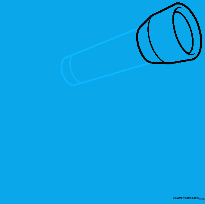 The telescope optical tube being extended from the lens using two tapering curved lines.