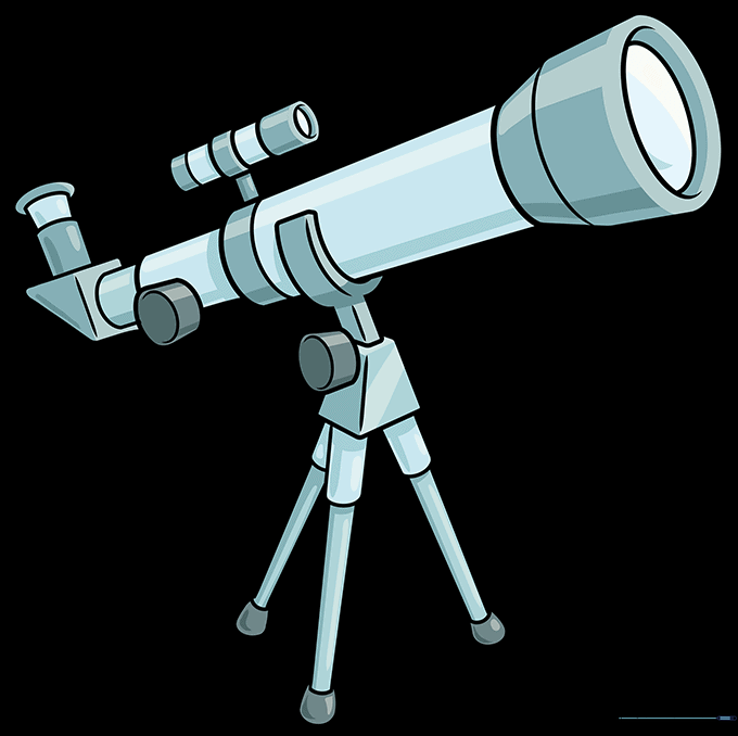The finished telescope drawing, fully colored with shading and highlights.
