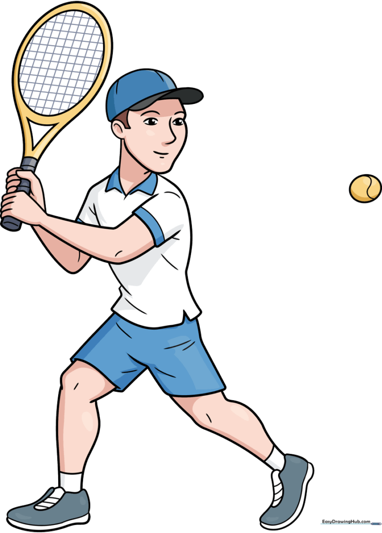 A vibrant, finished illustration of a cartoon tennis player holding a racket, ready for a match.