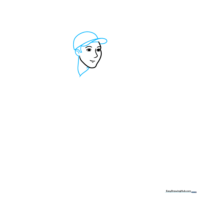 Drawing the head shape and baseball cap of the tennis player character.