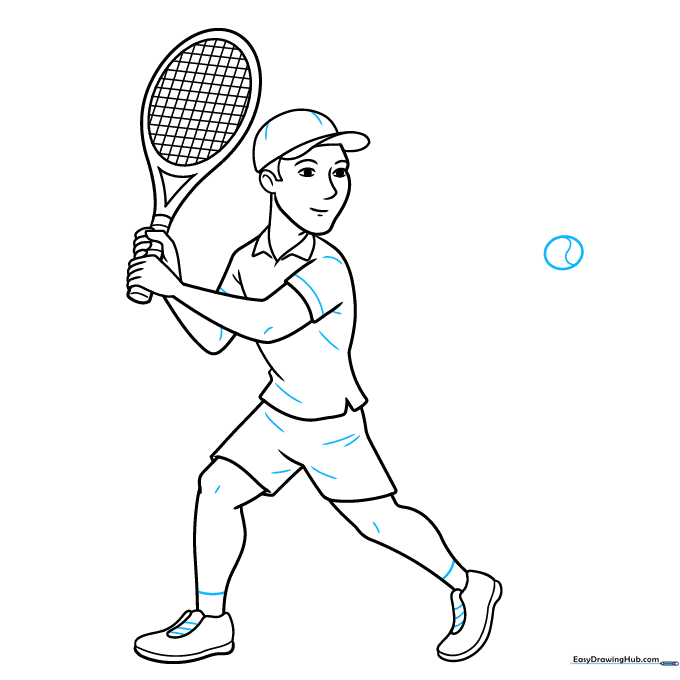 Final line art of the tennis player with a tennis ball added.