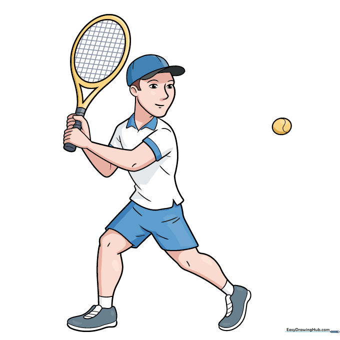 A fully colored illustration of a tennis player on the court.
