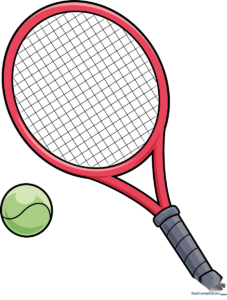 Colorful, completed drawing of a tennis racket and ball, demonstrating a finished art project.