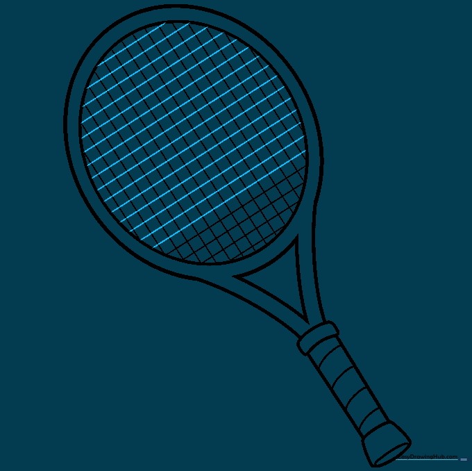 Pencil sketch showing the completed string grid inside the racket head.