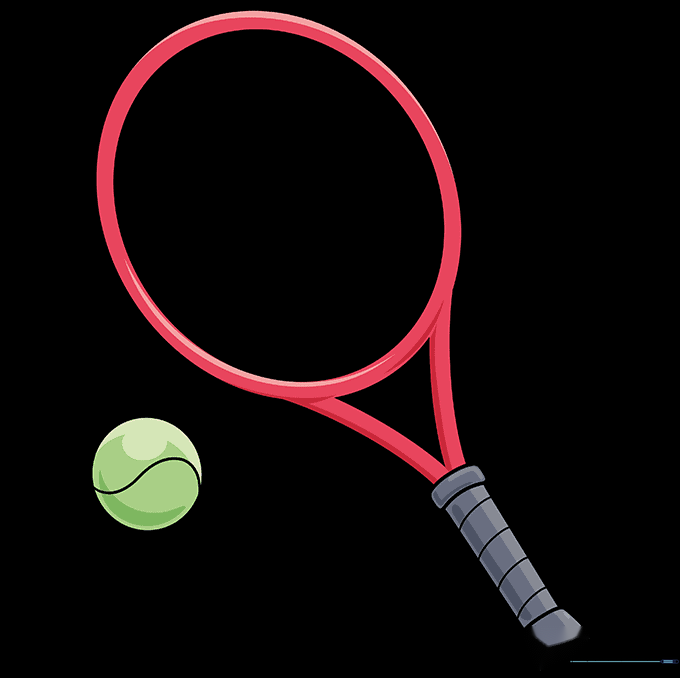 Finished, colored illustration of a tennis racket and a yellow tennis ball.