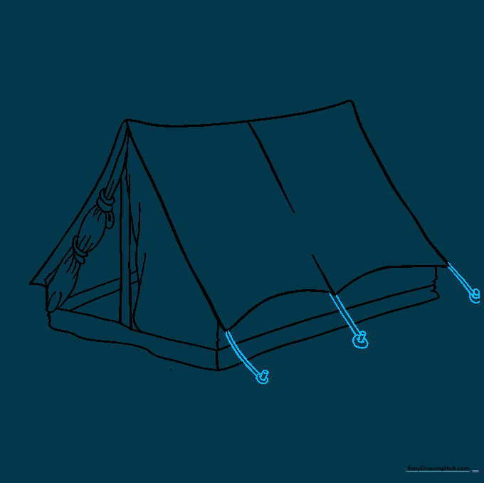 Adding tent cords and ground pins to complete the outdoor setup.