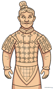 A complete, colored drawing of a Terracotta Warrior standing in a classic pose.