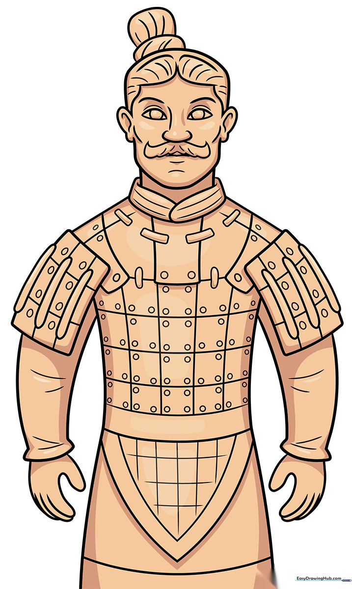 A complete, colored drawing of a Terracotta Warrior standing in a classic pose.