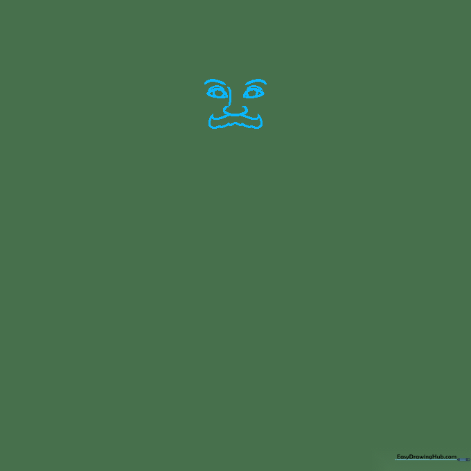 Close-up sketch of a Terracotta Warrior's face showing almond eyes and mustache lines.