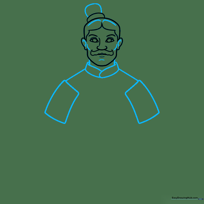 Sketching the neck, collar, and initial armor plates of the warrior.