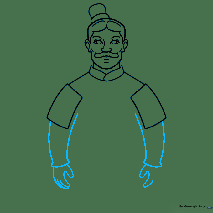 Drawing the wide sleeves and hand positions of the warrior.