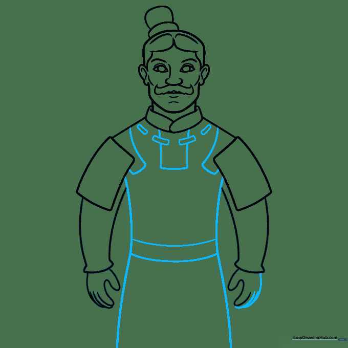 Adding the torso structure and belt to the Terracotta Warrior drawing.