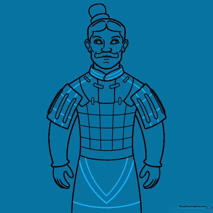 Adding V-shaped details and collar bands to the armor.