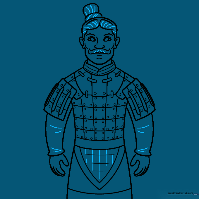 Adding final texture lines to the hair and clothing of the warrior.
