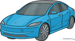 A vibrant, finished illustration of a modern electric car, perfect for young artists.