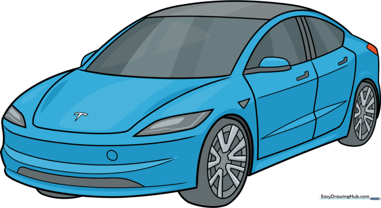 A vibrant, finished illustration of a modern electric car, perfect for young artists.