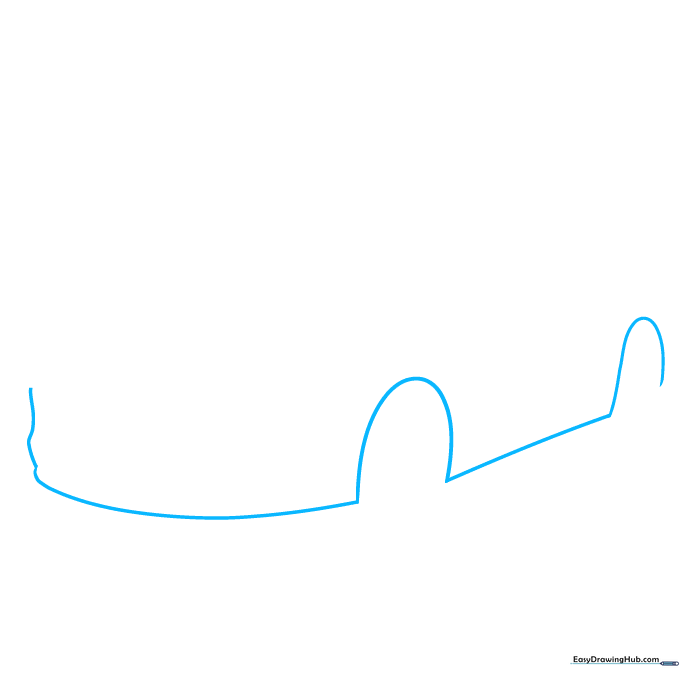 Pencil sketch showing the initial curved lines for the front bumper and wheel arches of a car.