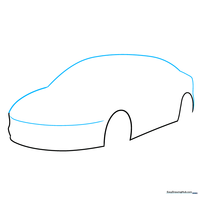 Drawing the upper body outline of the car including the roofline and trunk.