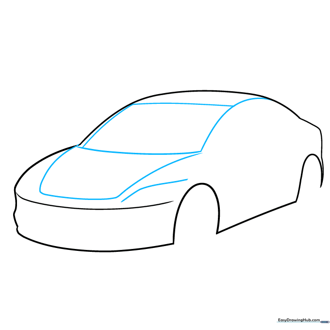 Adding geometric window shapes and headlight placement to the car body.