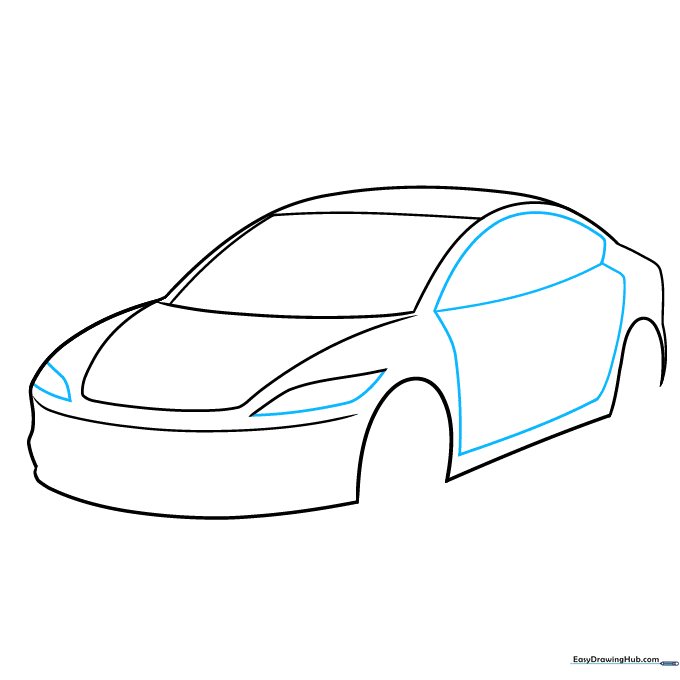 Adding detail to the headlights and drawing the side door panel lines.
