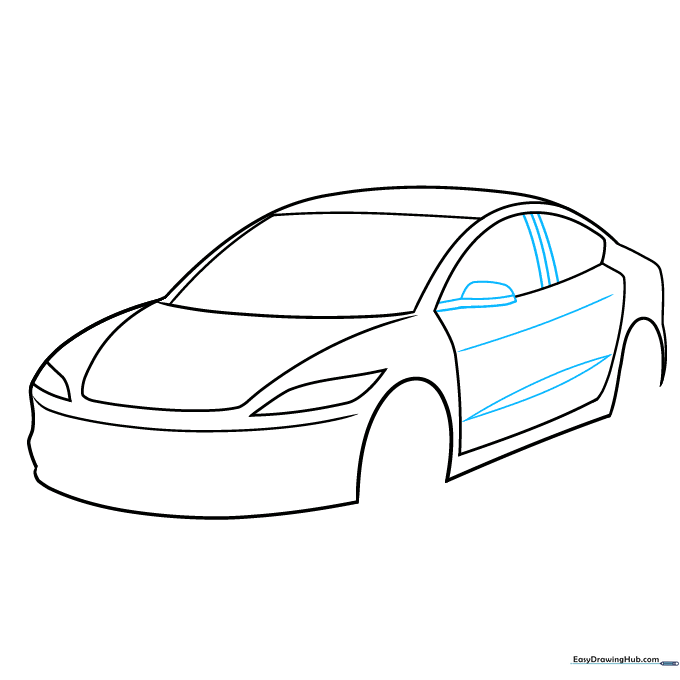 Drawing the side-view mirror and window frame details.