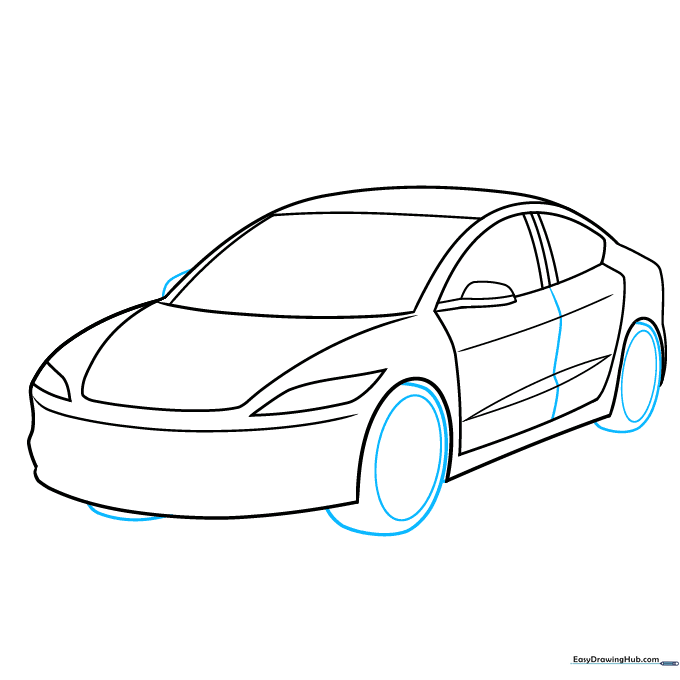 Sketching the circular tires and wheel wells on the car body.