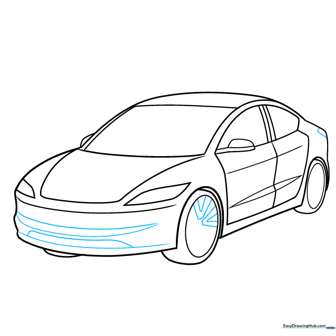 Adding bumper details and starting the rim spoke patterns on the wheels.