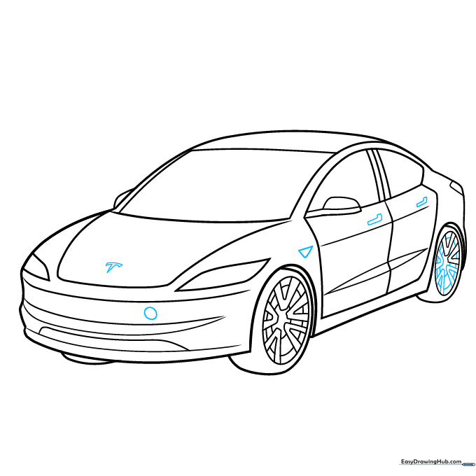 Finalizing the drawing with door handles and the Tesla logo on the hood.
