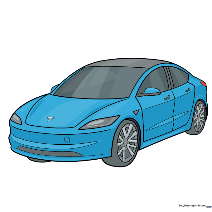 A fully colored, completed drawing of a sleek electric car.