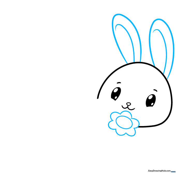 Drawing the bunny's long ears and a single daisy flower at the base of the head.