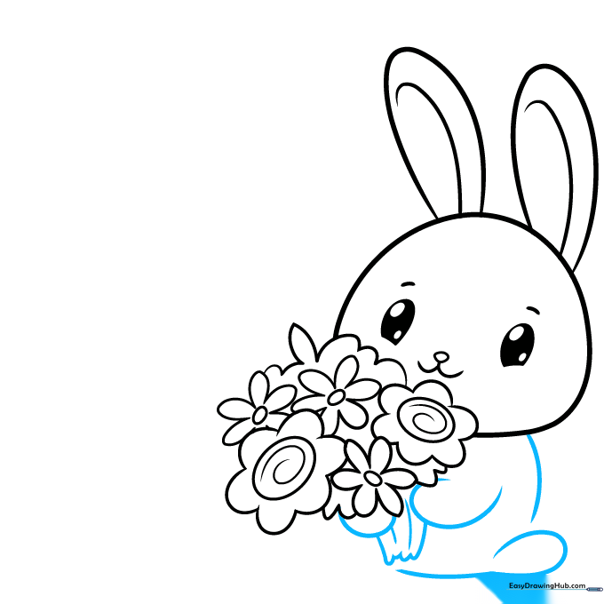 Sketching the bunny's body and connecting the flower stems to the paws.