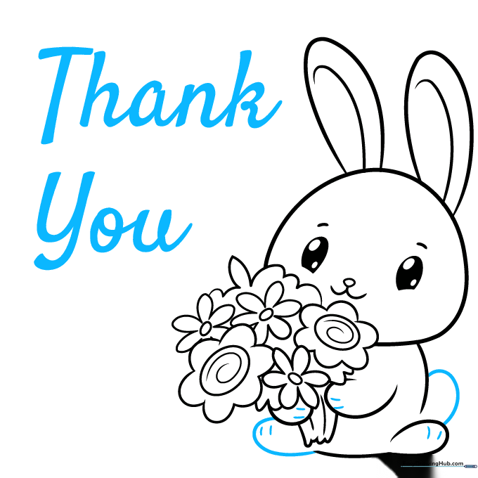 Adding the bunny's tail, foot details, and the words 'Thank You' in cursive.