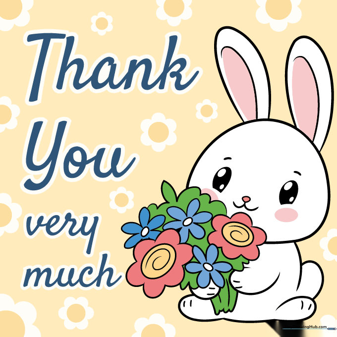 The finished, colored Thank You greeting card featuring a bunny and floral bouquet.